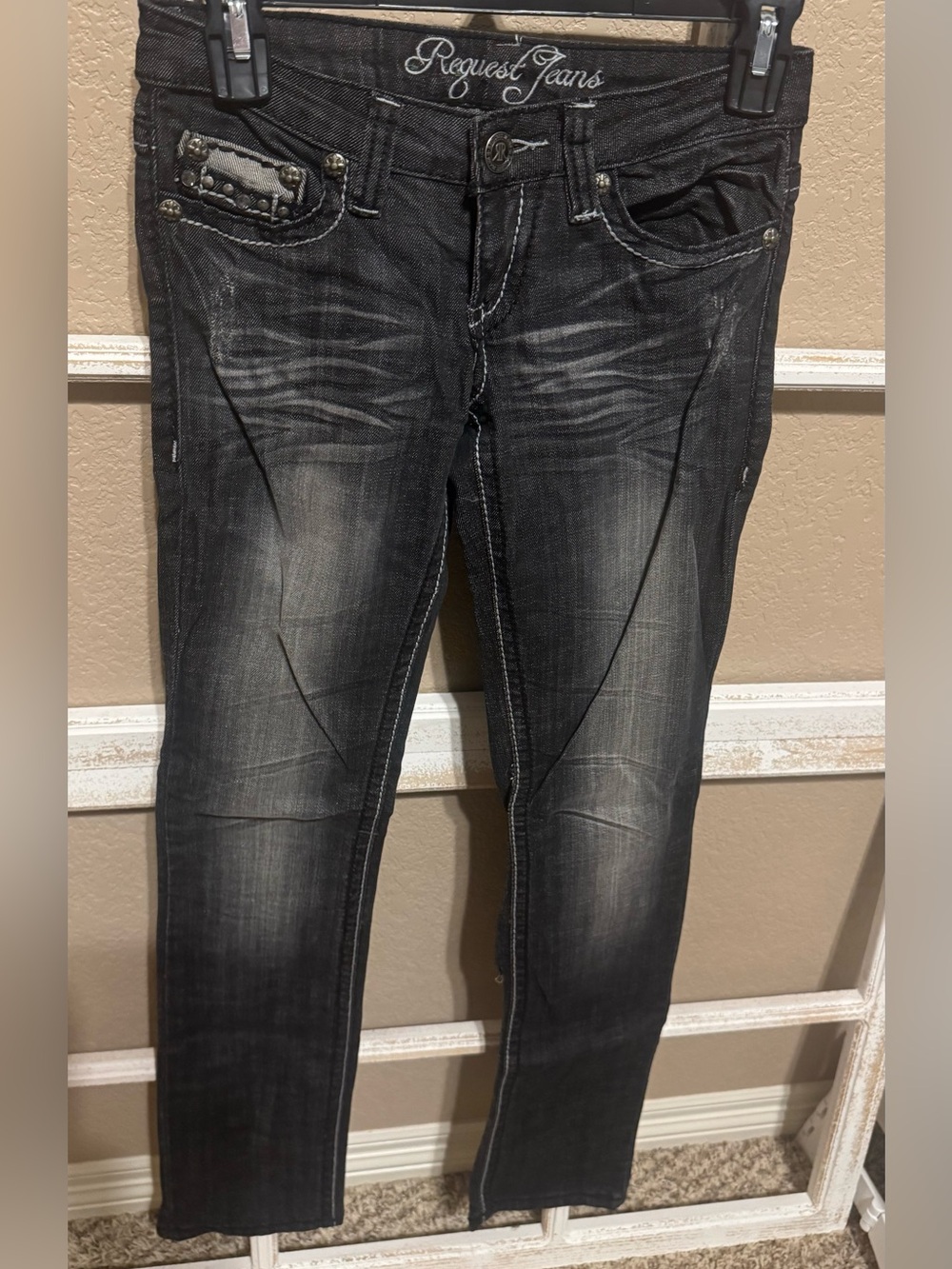 NWOT Y2K Vintage Request Jeans, Black Washed with Embellishments; Sz 0